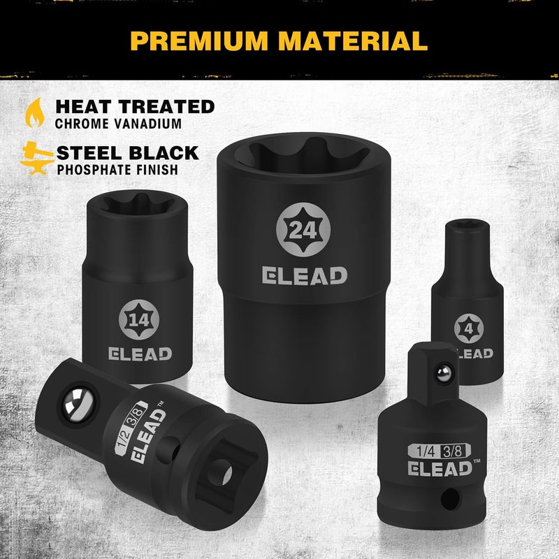 ELEAD 17-Piece Inverted E-Torx Socket Set - Premium Impact Cr-V Steel E4 - E24 Star Female Sockets for Impact Wrench 1/2 3/8 1/4 Drive Precision Torque Kit with Storage Case - Image 4